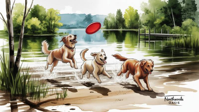 Ultimate Lake Trip Packing List: 37 Must-Have Essentials for 2025 2 Three dogs playing with Frisbee on the beach of a Midwest lake trip.