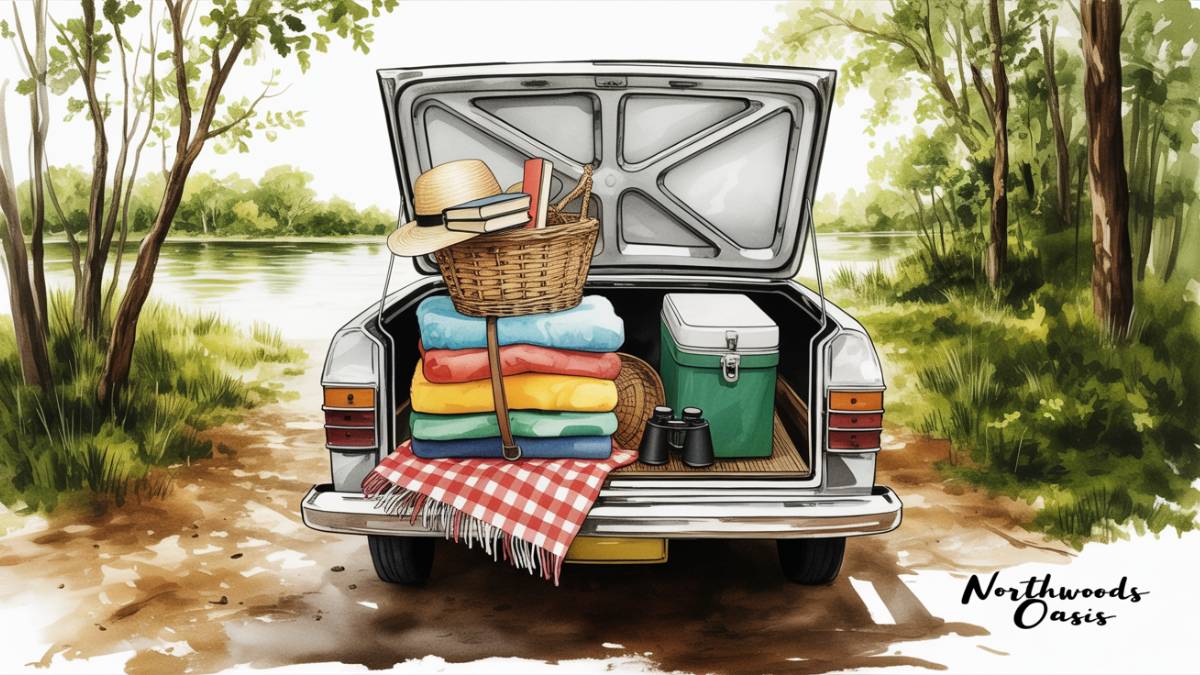 Painting of car trunk, packed with lake trip essentials.