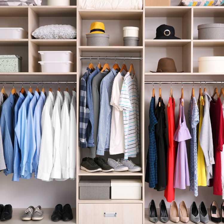 Organized closet with spaces for hanging and folded clothes.
