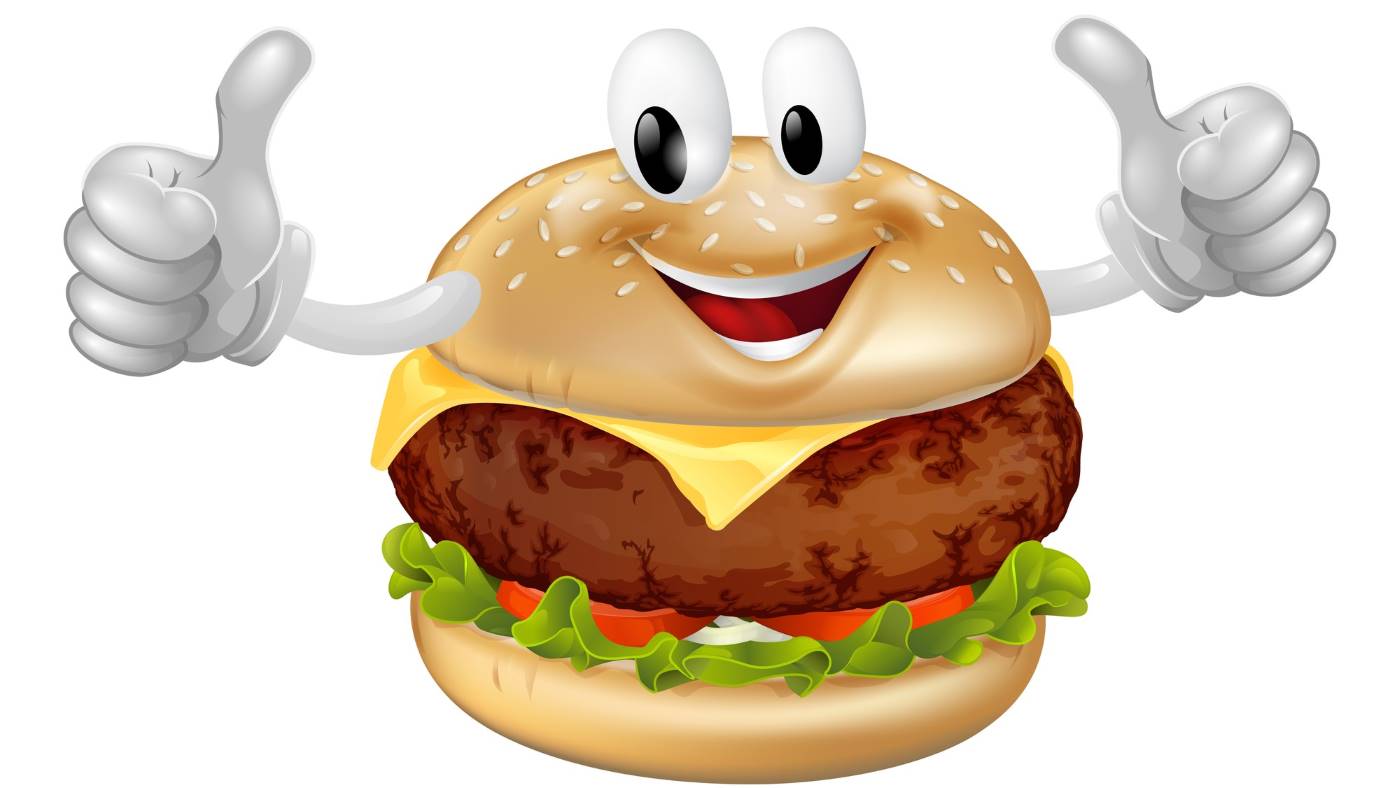 Happy hamburger mascot graphic.