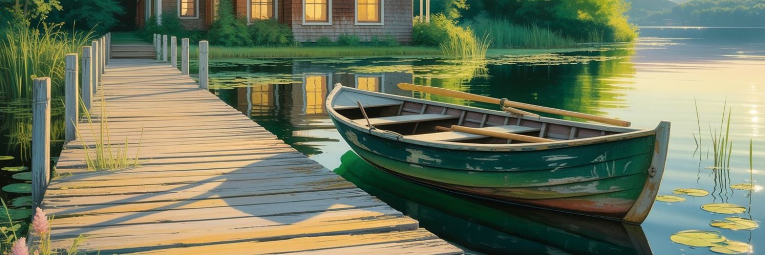 Painting of old wooden dock with rowboat at sunset and lake cottage in the background with a vintage nostalgic feel.