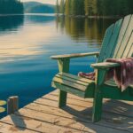 Green Adirondack chair on quiet lake dock.
