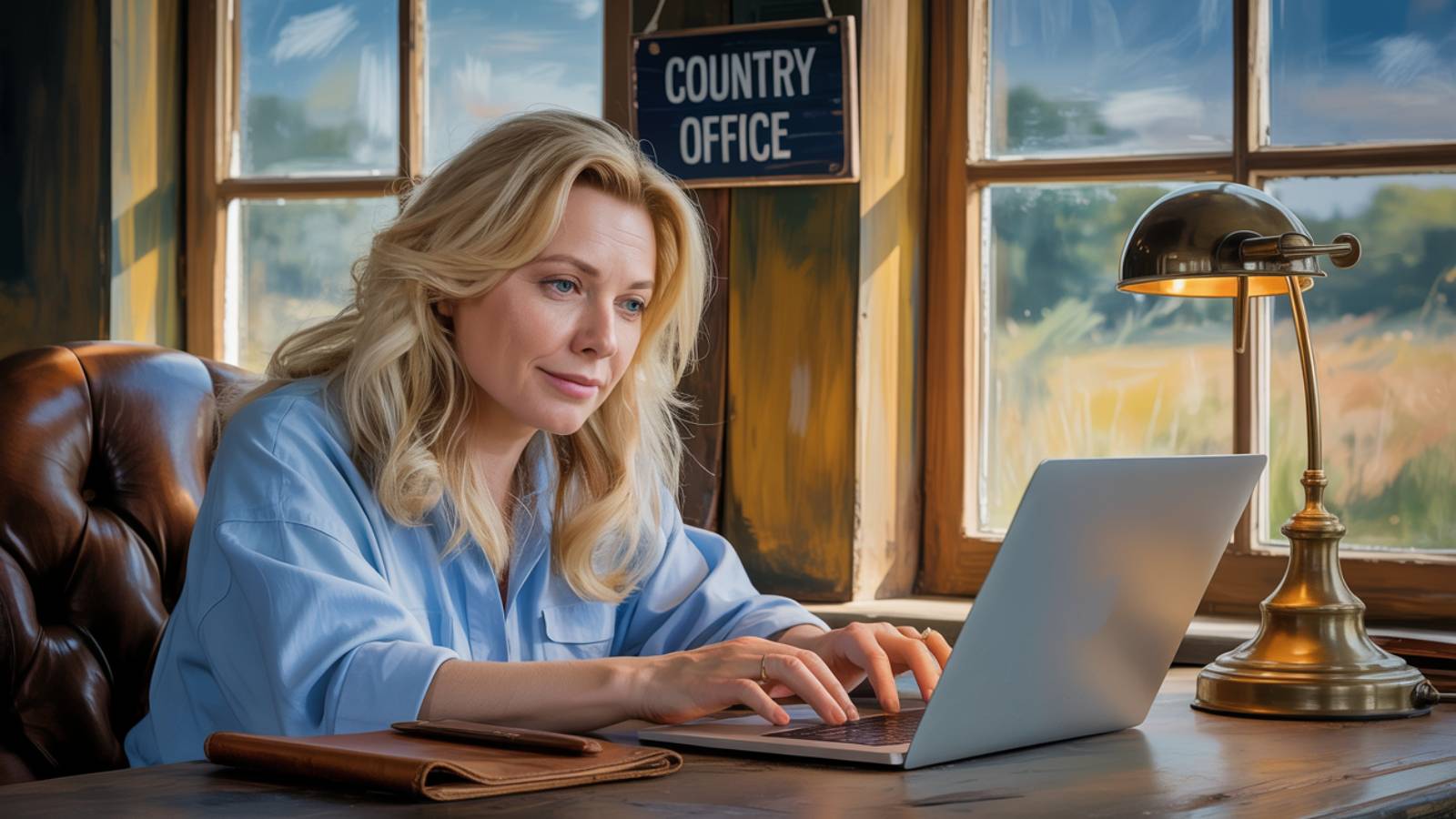 Woman at wooden desk writing on her laptop.