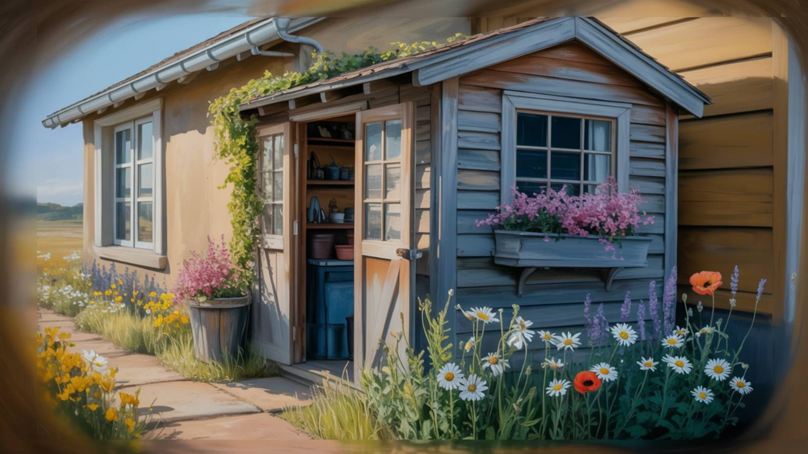 Why I Took a Blogging Break (and What’s Coming Next at Northwoods Oasis) 2 Rustic old potting shed outside country home, surrounded by wildflowers.